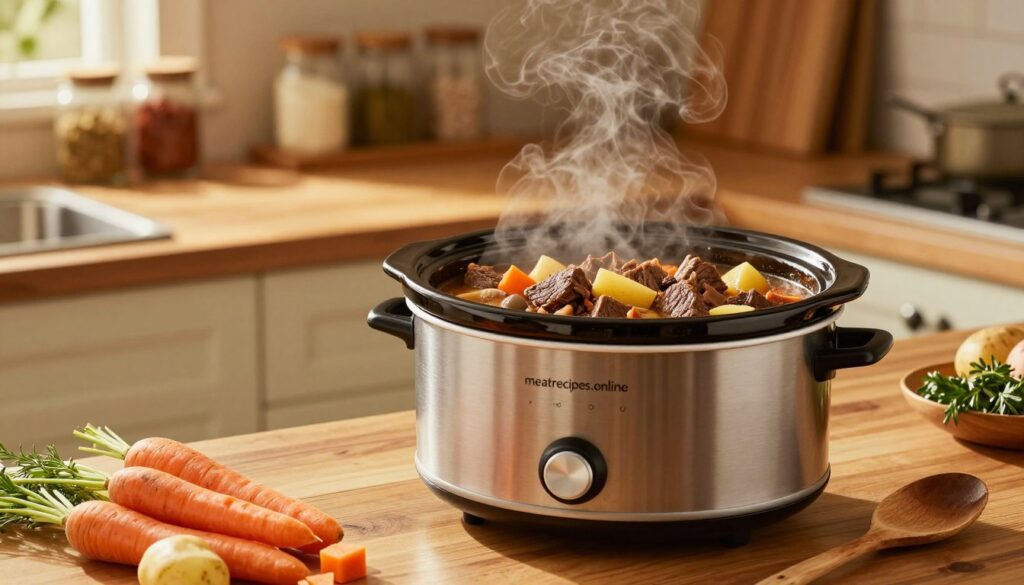 A cozy kitchen scene showcasing a slow cooker filled with a hearty beef stew. In the foreground, the slow cooker is positioned on a wooden kitchen counter, steam gently rising from the lid as it cooks. Surrounding the cooker are fresh ingredients—chopped carrots, potatoes, and herbs, hinting at the flavors within. In the middle ground, warm lighting bathes the scene, casting a golden glow that enhances the inviting atmosphere. A rustic wooden spoon rests beside the slow cooker, ready for serving. In the background, softly blurred shelves hold jars of spices and cookbooks, creating a homely feel. The image conveys warmth, comfort, and the effortless joy of home cooking. The overall mood is inviting and serene, perfect for illustrating slow cooker magic. Include the brand name "meatrecipes.online" subtly within the image.