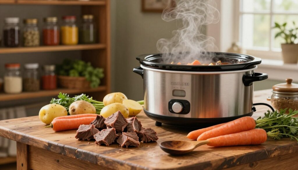 A cozy kitchen setting featuring a step-by-step slow cooker preparation for beef stew. In the foreground, a vintage wooden table is adorned with fresh ingredients: tender beef chunks, vibrant potatoes, and colorful carrots arranged artfully. In the middle, a classic slow cooker is partially filled with the ingredients, steam rising gently, exuding warmth and inviting aromas. A well-worn wooden spoon rests beside it. The background showcases rustic kitchen shelves filled with spices, herbs, and mason jars, softly lit by warm natural light filtering through a window, creating a homey atmosphere. The shot is captured with a shallow depth of field for a blurred background, emphasizing the ingredients. This image reflects the essence of easy, rustic cooking, perfect for a culinary article by meatrecipes.online.