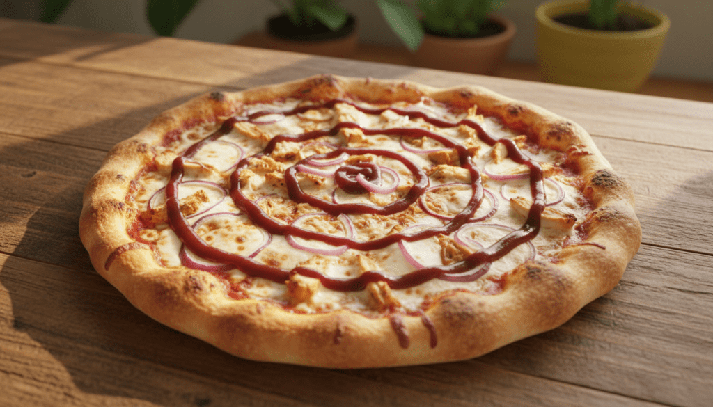 A delicious BBQ chicken pizza, beautifully presented on a rustic wooden table. The pizza features a golden-brown crust, generously topped with shredded, smoky barbecue chicken, melted mozzarella cheese, and vibrant red onions. A drizzle of tangy barbecue sauce glistens on top, adding a touch of shine. In the background, soft-focus greenery creates a warm, inviting atmosphere, suggesting a cozy home setting. Natural sunlight streams in from the side, casting soft shadows and enhancing the pizza's textures. The scene captures the essence of a simple yet delightful weeknight meal, evoking feelings of comfort and satisfaction. The angle is slightly overhead to highlight the inviting toppings and the pizza's intricate details.