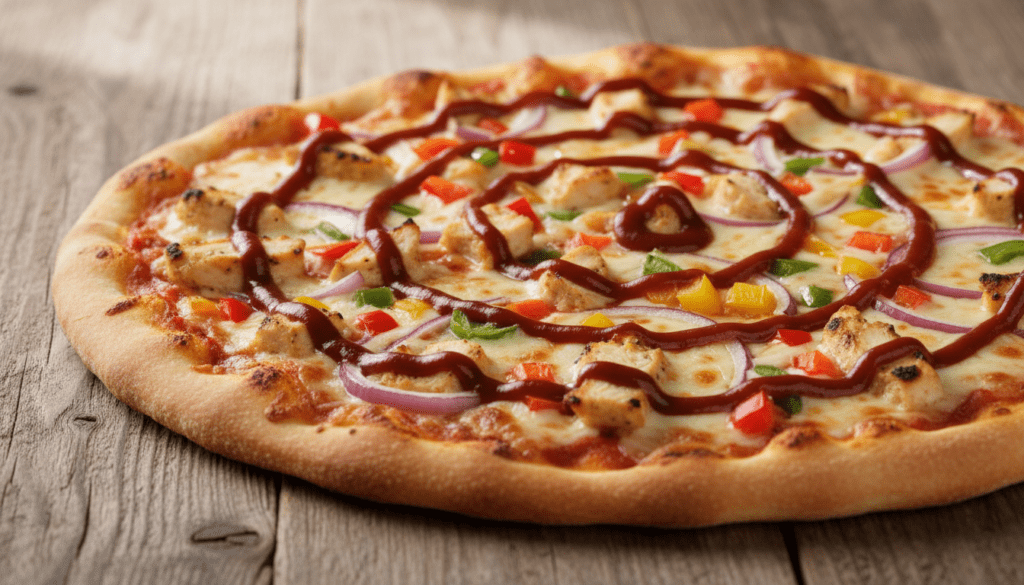 A delicious BBQ chicken pizza topped with vibrant ingredients, captured in a close-up view. In the foreground, perfectly charred pieces of grilled chicken are scattered across the melted, golden cheese. Juicy slices of red onion and colorful bell peppers complement the chicken, adding a pop of color. In the middle, a rich, glossy BBQ sauce drizzles enticingly over the toppings. The crust is golden-brown and crusty, showcasing the thin, artisan style. In the background, a rustic wooden table adds warmth to the scene, enhancing the inviting feel. Soft, natural lighting illuminates the pizza, casting gentle shadows that highlight the textures. The overall atmosphere is casual yet appetizing, inviting viewers to relish in the tantalizing details of this BBQ pizza masterpiece.