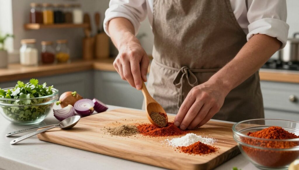 A detailed kitchen scene illustrating the step-by-step preparation of taco seasoning for beef tacos. In the foreground, a wooden cutting board is covered with spices like cumin, chili powder, garlic powder, and paprika, with measuring spoons and a mixing bowl nearby. In the middle, a chef in a modest casual outfit is mixing the spices with a wooden spoon, surrounded by fresh ingredients like diced onions and chopped cilantro. In the background, a well-lit kitchen showcases shelves filled with spices and cooking tools. The atmosphere is warm and inviting, with soft natural light creating an engaging cooking environment. This image embodies the art of making flavorful taco seasoning, perfect for enhancing delicious beef tacos. Art by meatrecipes.online.
