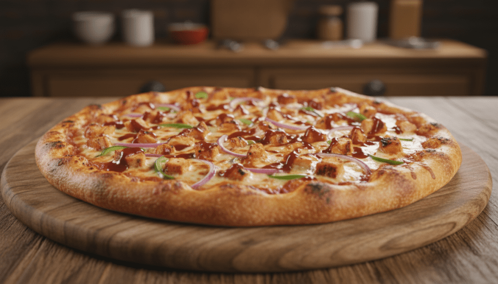A freshly baked BBQ chicken pizza sits on a rustic wooden board, its golden-brown crust perfectly charred. Juicy, tender pieces of grilled chicken are generously scattered atop the pizza, mingling with sweet and tangy barbecue sauce, finely chopped red onions, and vibrant green bell peppers. Melted mozzarella cheese bubbles and glistens under soft, diffused lighting that highlights the textures and colors of the ingredients. The scene captures a cozy kitchen ambiance, with hints of wood grain in the background, inviting viewers to imagine the enticing aroma. The angle is slightly overhead, allowing a full view of the pizza’s delectable toppings, evoking a warm, inviting atmosphere that makes this dish irresistible.