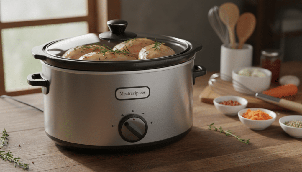 A high-quality, close-up photograph of a modern slow cooker positioned on a wooden kitchen countertop. The slow cooker has a sleek, stainless steel design with a clear lid, displaying tender chicken breasts cooking inside, surrounded by fresh herbs like rosemary and thyme. Natural sunlight streams through a nearby window, casting soft shadows and highlighting the textures of the chicken. In the blurred background, hints of kitchen utensils and fresh ingredients, like vegetables and spices, create an inviting cooking atmosphere. The brand name "Meatrecipices" subtly appears on a small, elegant tag near the slow cooker, emphasizing a focus on delicious, home-cooked meals. The overall mood is warm and homely, evoking a sense of comfort and culinary inspiration.