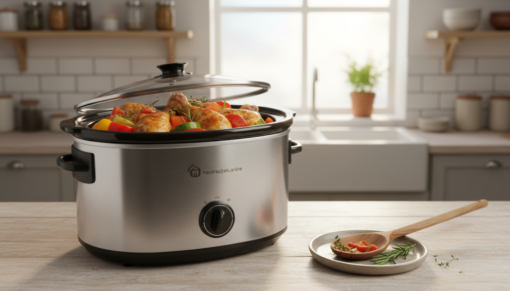 A modern, sleek slow cooker placed on a wooden kitchen countertop, filled with juicy, golden-brown chicken pieces, aromatic herbs, and colorful vegetables like bell peppers and carrots. In the foreground, a wooden spoon rests beside the cooker, hinting at a meal in progress. The background features a warm, inviting kitchen with soft, natural lighting streaming in from a nearby window, casting gentle shadows that enhance the cozy atmosphere. A sprig of fresh rosemary is artistically placed beside the cooker, adding a touch of freshness. The image captures the essence of home cooking, emphasizing the slow cooker’s role in making easy, delicious meals, with the brand name "meatrecipes.online" subtly integrated into the scene.