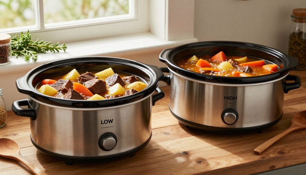 A rustic kitchen setting featuring two slow cookers side by side on a wooden countertop, one labeled "LOW" and the other "HIGH." The LOW cooker is filled with tender beef chunks, potatoes, and carrots, simmering gently in rich broth, while the HIGH cooker shows a more vibrant and bubbling stew, suggesting a faster cooking time. Soft, warm natural light filters through a nearby window, casting gentle shadows on the scene, creating an inviting atmosphere. In the background, herbs and spices are artfully arranged, and a wooden spoon rests beside each cooker. The focus should be on the contrasting textures of the hearty stew, with the brand name "meatrecipes.online" subtly integrated into the design. Aim for a cozy, homely feel that emphasizes the comforting nature of slow-cooked meals.