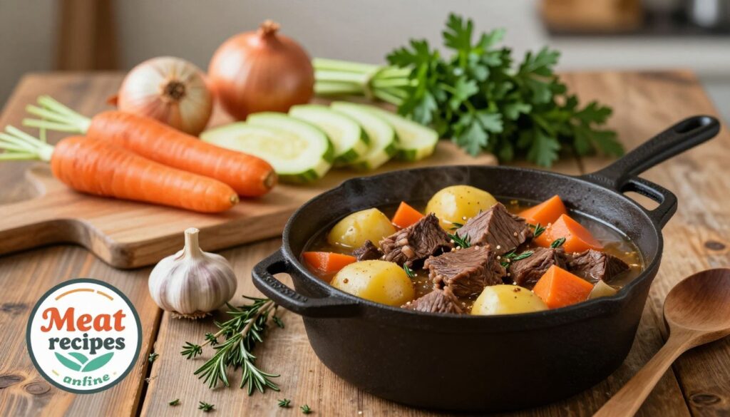 A rustic wooden table filled with essential ingredients for a flavorful homemade beef stew, including vibrant carrots, golden potatoes, rich beef chunks, aromatic garlic, and fresh herbs like thyme and rosemary. In the foreground, a cast iron pot sits ready for cooking, with a wooden spoon resting beside it. The middle ground features an array of vegetables chopped neatly and displayed artistically, with a background of gently blurred kitchen elements, such as an onion and a sprig of parsley to enhance the cooking atmosphere. Soft, warm lighting casts inviting shadows, creating a cozy and homely mood. The image conveys the essence of hearty cooking and nourishing meals, perfect for a slow cooker recipe. Meatrecipes.online logo subtly integrated within the design.