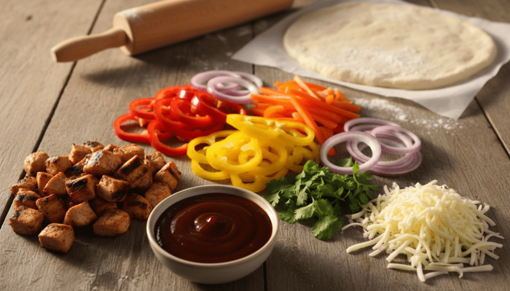 A top-down view of fresh ingredients for BBQ chicken pizza arranged on a rustic wooden table. In the foreground, display vibrant, diced grilled chicken pieces, rich barbecue sauce in a small bowl, and shredded mozzarella cheese. In the middle, add colorful sliced bell peppers, red onions, and fresh cilantro, creating a lively contrast against the other ingredients. In the background, softly blurred, include a rolling pin and a prepared pizza dough, hinting at the cooking process. The lighting is warm, mimicking a cozy kitchen atmosphere during golden hour, with gentle shadows adding depth. Capture a fresh and inviting mood, enticing viewers to imagine the delicious pizza coming together.