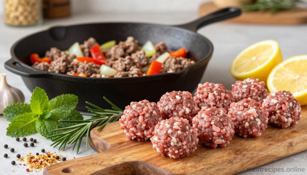A vibrant and appealing culinary scene showcasing common ingredients for ground lamb dishes. In the foreground, a rustic wooden cutting board holds fresh raw ground lamb, neatly shaped into lamb meatballs. Surrounding the lamb are colorful spices and herbs, including fresh rosemary, chopped mint, crushed garlic, and zesty lemon slices. In the middle, a cast iron skillet with sizzling ground lamb is visible, with hints of diced onions and bell peppers blending into the meat. The background features a softly blurred kitchen setting, illuminated with warm, natural lighting to evoke a cozy atmosphere. Capture the essence of Mediterranean flavors with a focus on freshness and home-cooked comfort, including a subtle watermark of "meatrecipes.online" in the corner.