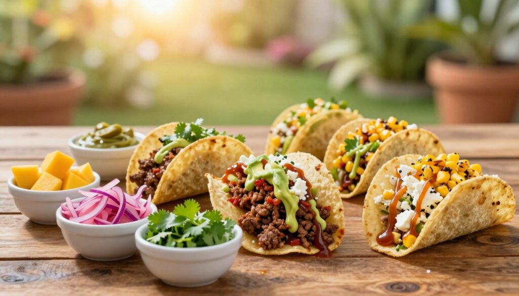 A vibrant and colorful display of creative taco toppings and sauces, beautifully arranged on a rustic wooden table. In the foreground, there are small bowls filled with unique toppings like diced mango, pickled red onions, fresh cilantro, crumbled feta, and roasted corn. Drizzles of zesty avocado crema and smoky chipotle sauce cascade artfully over the toppings. In the middle, there are crispy taco shells, some filled with seasoned ground beef and others left empty for customization. The background features a blurred garden setting bathed in warm golden sunlight, evoking a cozy, inviting atmosphere. The image should have a shallow depth of field, emphasizing the toppings while keeping the background soft and dreamy. Ideal for enhancing the visual appeal of homemade taco recipes from meatrecipes.online.