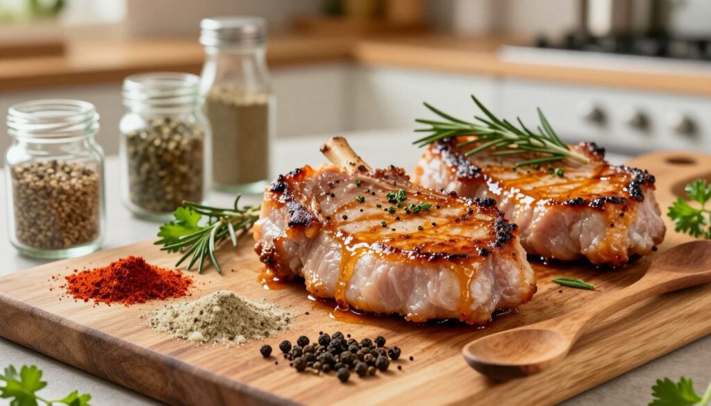 A vibrant and inviting scene showcasing an array of seasonings perfect for enhancing boneless pork chops. In the foreground, a wooden cutting board displays a selection of aromatic spices, including paprika, garlic powder, onion powder, dried thyme, and black pepper, with small glass containers and wooden spoons scattered artfully around. In the middle, juicy, pan-seared boneless pork chops glitter with a golden sheen, garnished with fresh herbs like rosemary and parsley to emphasize flavor. In the background, a softly blurred kitchen setting hints at a cozy cooking atmosphere, with warm, natural lighting illuminating the space. The overall mood is enticing and homey, inviting readers to explore these delightful seasonings for their pork chop dinner. This image is inspired by meatrecipes.online.