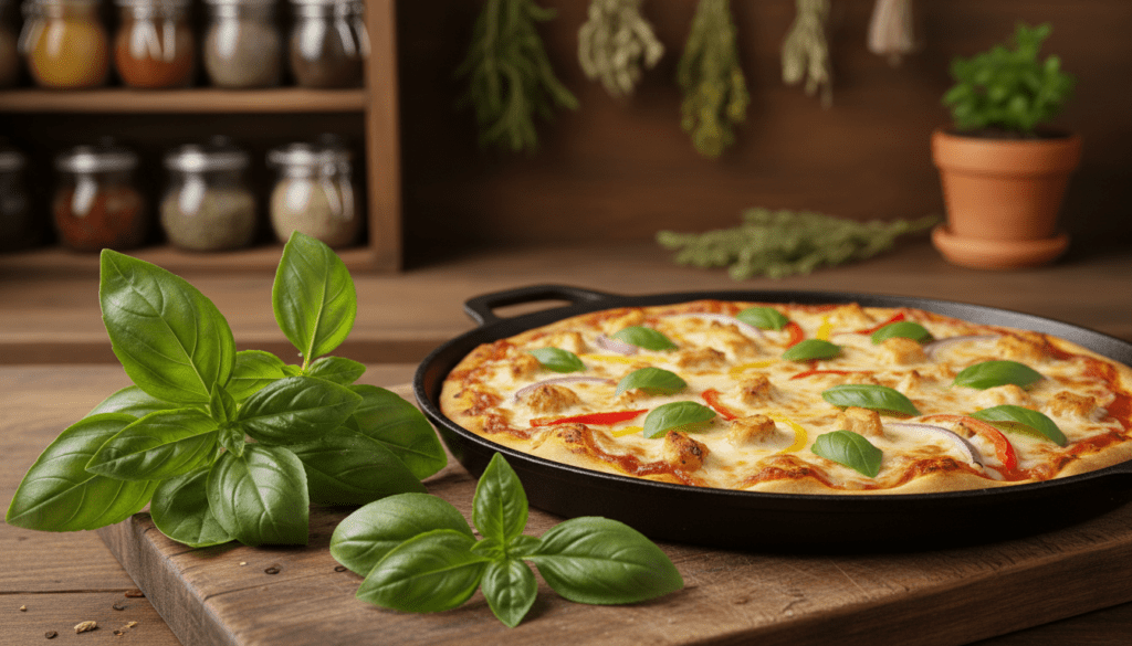 A vibrant arrangement of fresh basil leaves, delicately placed as a garnish, showcasing their rich green color and velvety texture. In the foreground, the basil is elegantly scattered over a wooden cutting board, with a hint of moisture glistening on the leaves, emphasizing freshness. In the middle, a freshly baked chicken pizza, topped with melted cheese, juicy chicken pieces, and colorful vegetables, sits in a cast iron skillet, invitingly presented. The background features a soft-focus kitchen setting, with warm, diffused lighting casting a cozy glow, accentuating the spices and herbs surrounding the dish. Capture this scene from a slightly elevated angle to provide a clear view of the basil garnish on the pizza, evoking a mood of culinary delight and homely charm.