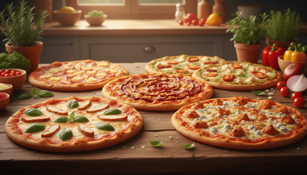 A vibrant array of chicken pizza variations displayed on a rustic wooden table. In the foreground, a classic margherita chicken pizza with fresh basil and mozzarella, a barbecue chicken pizza drizzled with tangy sauce, and a spicy buffalo chicken pizza topped with blue cheese crumbles. In the middle ground, a close-up of a Hawaiian chicken pizza with pineapple and ham, alongside a pesto chicken pizza adorned with sun-dried tomatoes. The background features a cozy kitchen setting with warm, soft lighting, highlighting fresh herbs and colorful vegetable toppings. A slightly overhead angle enhances the delicious details of the pizzas, creating a mouthwatering, inviting atmosphere perfect for a culinary adventure.