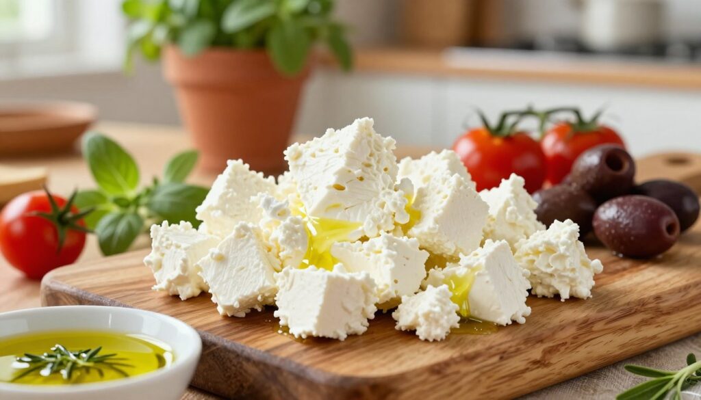 A vibrant, close-up image of a rustic wooden board laden with crumbled feta cheese, displaying its creamy white texture and jagged edges. The foreground features a small dish of olive oil infused with herbs, inviting drizzles over the cheese. In the middle ground, vibrant Mediterranean ingredients like ripe cherry tomatoes, fresh oregano sprigs, and kalamata olives complement the feta, adding color. The background showcases a softly blurred, sunlit kitchen environment with green herbs in terracotta pots and a hint of a wooden table setting, creating a warm, inviting atmosphere. Soft, natural lighting illuminates the scene, capturing the freshness of the ingredients, with a soft focus on the feta cheese to emphasize its texture. Ideal for "meatrecipes.online". A vibrant, close-up image of a rustic wooden board laden with crumbled feta cheese, displaying its creamy white texture and jagged edges. The foreground features a small dish of olive oil infused with herbs, inviting drizzles over the cheese. In the middle ground, vibrant Mediterranean ingredients like ripe cherry tomatoes, fresh oregano sprigs, and kalamata olives complement the feta, adding color. The background showcases a softly blurred, sunlit kitchen environment with green herbs in terracotta pots and a hint of a wooden table setting, creating a warm, inviting atmosphere. Soft, natural lighting illuminates the scene, capturing the freshness of the ingredients, with a soft focus on the feta cheese to emphasize its texture. Ideal for "meatrecipes.online".