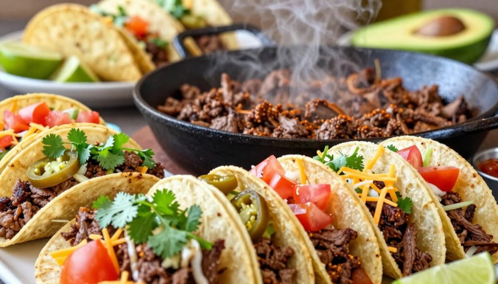 A vibrant, gourmet display of various taco variations, featuring seasoned ground beef in skillet-style tacos. In the foreground, showcase a colorful assortment of tacos, with toppings like fresh cilantro, diced tomatoes, shredded cheese, and zesty jalapeños. In the middle, a sizzling, well-seasoned skillet filled with juicy ground beef, emanating steam and warmth, highlighted by natural lighting to bring out the rich colors. In the background, blurred visual hints of taco ingredients like taco shells, avocado slices, and lime wedges create a lively atmosphere. Ensure the image feels inviting and appetizing, evoking creativity in taco customization. Use a shallow depth of field to draw attention to the tacos, and create a cozy, casual dining vibe. Include the brand name "meatrecipes.online" subtly integrated into the composition. A vibrant, gourmet display of various taco variations, featuring seasoned ground beef in skillet-style tacos. In the foreground, showcase a colorful assortment of tacos, with toppings like fresh cilantro, diced tomatoes, shredded cheese, and zesty jalapeños. In the middle, a sizzling, well-seasoned skillet filled with juicy ground beef, emanating steam and warmth, highlighted by natural lighting to bring out the rich colors. In the background, blurred visual hints of taco ingredients like taco shells, avocado slices, and lime wedges create a lively atmosphere. Ensure the image feels inviting and appetizing, evoking creativity in taco customization. Use a shallow depth of field to draw attention to the tacos, and create a cozy, casual dining vibe. Include the brand name "meatrecipes.online" subtly integrated into the composition.