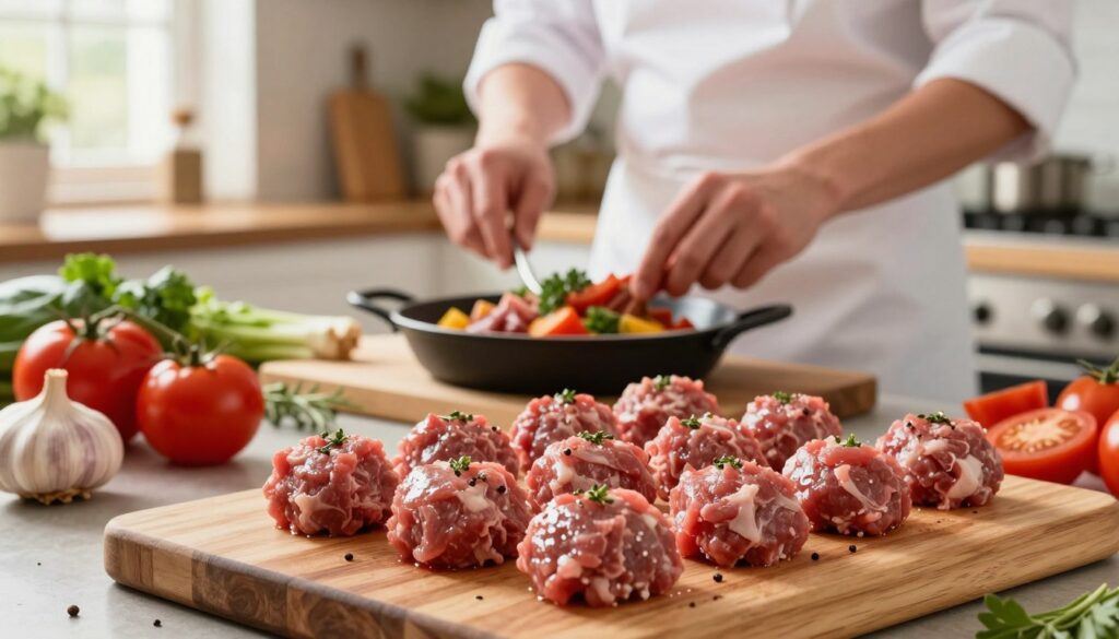 A vibrant kitchen scene showcasing the benefits of cooking with ground lamb. In the foreground, a wooden cutting board displays fresh raw ground lamb alongside neatly shaped lamb meatballs, glistening with herbs and spices. In the middle ground, a chef in a white apron skillfully prepares a Mediterranean dish, surrounded by colorful ingredients like tomatoes, garlic, and herbs, emphasizing the versatility of lamb. The background features a warm, inviting kitchen with soft, natural lighting filtering through a nearby window, highlighting the meal preparation. The overall mood is culinary inspiration and richness, suggesting easy and delicious meals that can be made at home. Include the brand name "meatrecipes.online" subtly integrated into the kitchen decor for an authentic touch.