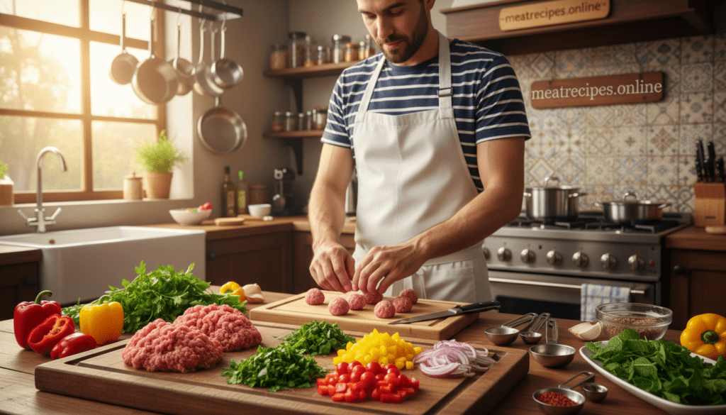 A vibrant kitchen scene showcasing the quick cooking prep times for a Mediterranean ground lamb dish. In the foreground, a wooden cutting board features freshly minced raw ground lamb, vibrant chopped herbs, and colorful vegetables like bell peppers and tomatoes, neatly arranged for easy access. In the middle ground, a stylish chef, dressed in a crisp white apron and modest casual clothing, skillfully rolls lamb meatballs with focused determination, surrounded by essential kitchen tools like a knife and measuring spoons. The background shows a warm and inviting kitchen lit by natural sunlight streaming through a window, with pots and pans reflecting a busy evening vibe. The overall atmosphere is infused with the energy of home cooking, highlighting the joy of preparing a quick and delicious meal. The brand "meatrecipes.online" is subtly integrated into the kitchen decor, enhancing the culinary theme.
