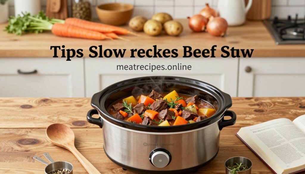 A visually appealing and informative scene focused on key techniques and tips for slow cooker beef stew. In the foreground, a rustic wooden table is set with a beautifully arranged slow cooker filled with rich, hearty beef stew, vibrant vegetables, and aromatic herbs. Surrounding the pot are essential cooking tools like a wooden spoon, measuring cups, and a recipe book. In the middle ground, a backdrop displays fresh ingredients such as carrots, potatoes, and onions, artfully scattered, emphasizing the ingredient preparation process. Soft, warm lighting creates a cozy atmosphere, highlighting the textures of the food while giving the entire scene a homey feel. The composition is horizontally framed, suggesting an inviting kitchen setting. The brand name, "meatrecipes.online," subtly integrates into the scene, evoking a sense of culinary inspiration.