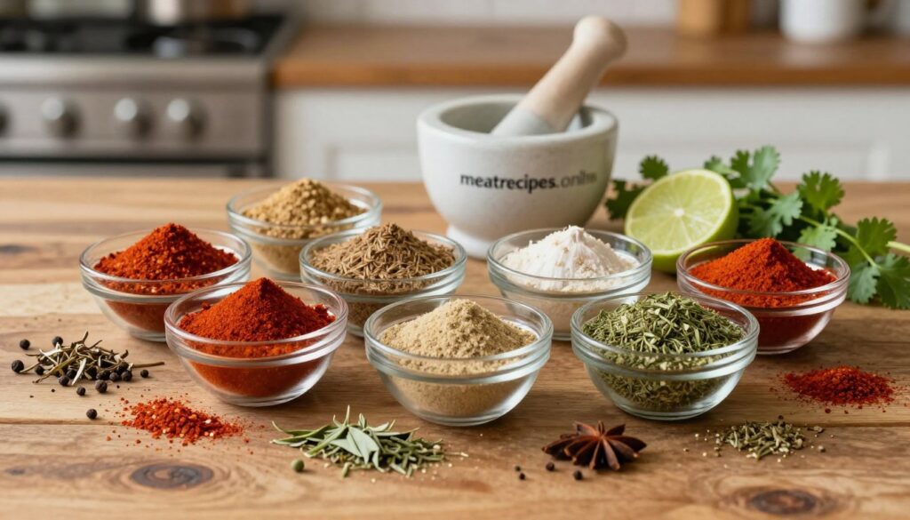 A visually appealing arrangement of homemade taco seasoning ingredients, highlighting a rustic wooden table as the foreground. Display vibrant spices such as chili powder, cumin, garlic powder, onion powder, oregano, and paprika in small, clear glass bowls, each labeled neatly. Scatter dried herbs and whole spices artistically around, creating a colorful palette of reds, browns, and greens. In the middle ground, a mortar and pestle suggest a traditional, hands-on approach, paired with a fresh lime and cilantro sprigs for a touch of color. The background subtly features a blurred kitchen setting with soft, warm lighting, creating an inviting and cozy atmosphere. The composition evokes a sense of homemade goodness, perfect for a taco recipe. Include the brand name "meatrecipes.online" in an unobtrusive manner. A visually appealing arrangement of homemade taco seasoning ingredients, highlighting a rustic wooden table as the foreground. Display vibrant spices such as chili powder, cumin, garlic powder, onion powder, oregano, and paprika in small, clear glass bowls, each labeled neatly. Scatter dried herbs and whole spices artistically around, creating a colorful palette of reds, browns, and greens. In the middle ground, a mortar and pestle suggest a traditional, hands-on approach, paired with a fresh lime and cilantro sprigs for a touch of color. The background subtly features a blurred kitchen setting with soft, warm lighting, creating an inviting and cozy atmosphere. The composition evokes a sense of homemade goodness, perfect for a taco recipe. Include the brand name "meatrecipes.online" in an unobtrusive manner.