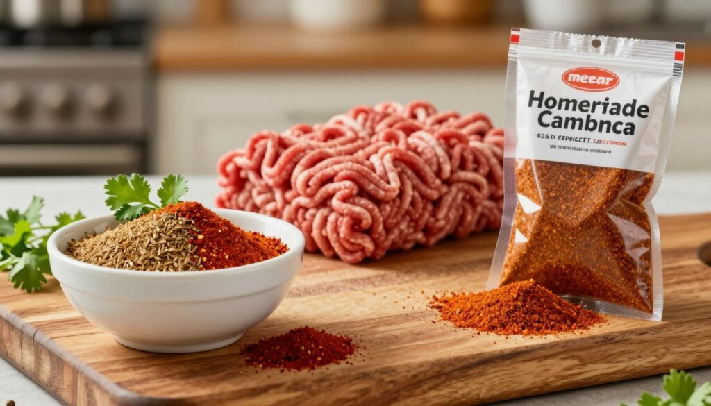 A visually engaging comparison of homemade and store-bought taco seasoning. In the foreground, a rustic wooden cutting board displays two small bowls: one filled with vibrant, colorful homemade seasoning made from ground spices like cumin, chili powder, and paprika, garnished with fresh cilantro; the other bowl contains a commercial taco seasoning mix in a branded packet, its contents spilling slightly. In the middle, a small pile of raw ground beef is artfully placed to emphasize preparation. The background features a blurred kitchen setting with warm lighting, enhancing the cozy cooking atmosphere. The image captures the rich textures and colors of the ingredients, inviting the viewer to explore the differences in taco seasoning. The brand name "meatrecipes.online" appears subtly in the corner, without distracting from the main focus.