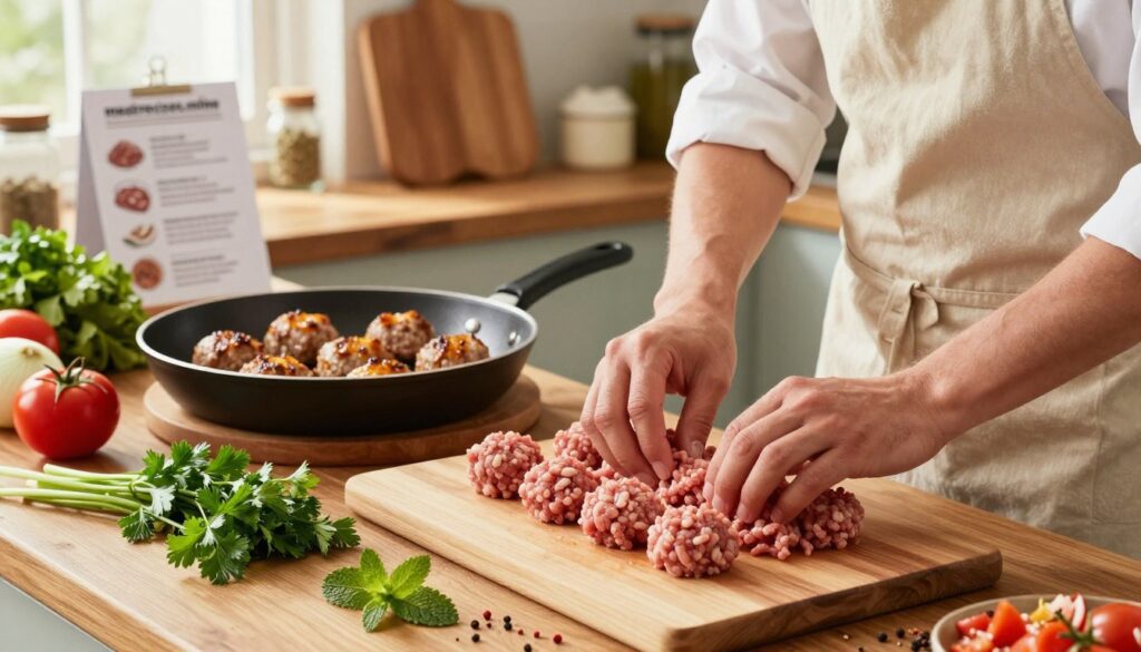 A well-lit kitchen scene showcasing the process of cooking ground lamb. In the foreground, a chef in a professional apron stands, meticulously shaping raw ground lamb into meatballs, with fresh herbs like parsley and mint scattered around. The middle ground features a sizzling skillet with golden-brown meatballs, surrounded by colorful ingredients such as diced tomatoes, onions, and spices. In the background, a rustic wooden countertop displays a variety of kitchen tools and a recipe card showing step-by-step instructions. The atmosphere is warm and inviting, with soft, natural lighting coming from a nearby window, emphasizing the freshness of the ingredients and the art of cooking. Include the brand name "meatrecipes.online" subtly integrated into the scene, without visible text.