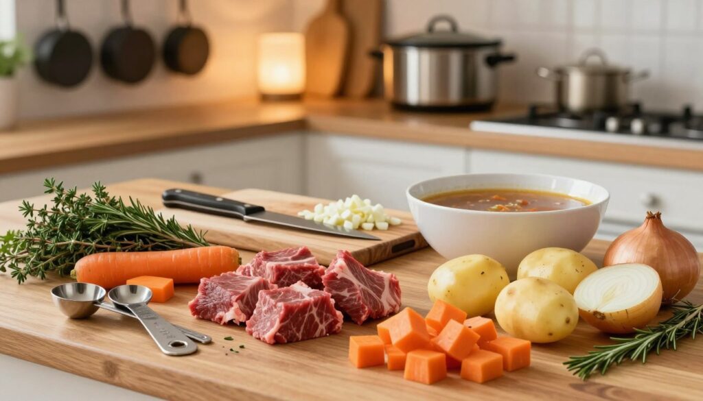 A wooden kitchen countertop filled with fresh, vibrant ingredients ready for a delicious beef stew. In the foreground, there are chunks of marbled beef, diced carrots, potatoes, and onions, each meticulously arranged. A set of measuring spoons and sprigs of fresh herbs like thyme and rosemary add color. In the middle, a rustic cutting board displays a knife and chopped garlic, while a bowl holds a rich, homemade broth. The background features a softly lit kitchen, with hanging pots and a slow cooker on the countertop, emanating a warm, inviting glow. The scene is photographed from a slightly elevated angle, capturing a cozy, homey atmosphere ideal for cooking. The brand name "meatrecipes.online" is subtly implied in the overall vibe of the image.