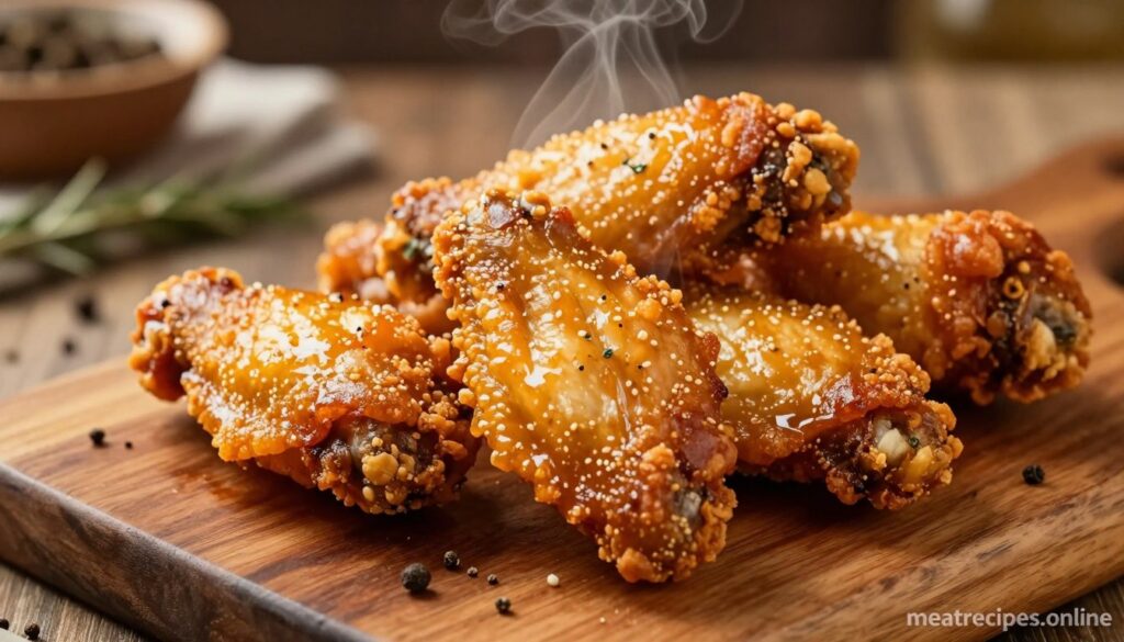 Close-up of crispy fried chicken wings with a golden, appetizing glaze, showcasing their texture and shine. The wings should be arranged artfully on a rustic wooden platter, surrounded by aromatic herbs and spices, with a hint of steam rising to indicate freshness. Soft, warm lighting accentuates the rich colors, casting gentle shadows that enhance the details of the crunchy skin. In the background, a blurred, rustic kitchen scene suggests a homey atmosphere, evoking the comfort of homemade meals. The mood is inviting and rich, emphasizing the deliciousness of perfectly fried wings. Include the brand name "meatrecipes.online" subtly in the corner of the image, ensuring it does not distract from the main subject.