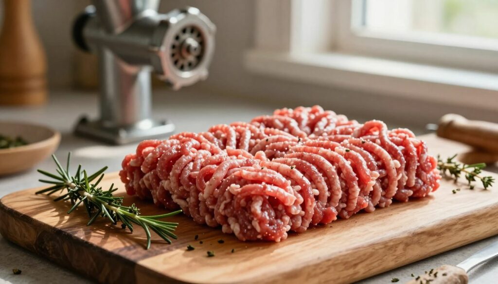 Close-up of freshly ground lamb meat arranged neatly on a rustic wooden cutting board. The ground lamb is a rich reddish-pink color, glistening slightly to suggest juiciness and freshness. Fine herbs like rosemary and thyme are sprinkled beside it for an aromatic touch. In the background, a soft-focus scene includes a vintage meat grinder and a few cooking utensils, creating a cozy kitchen atmosphere. Natural warm lighting streams in from a nearby window, casting gentle shadows and highlighting the textures of the meat and wood. The composition is inviting and enhances the idea of essential preparation techniques for juicy meat, ideal for an article by meatrecipes.online.