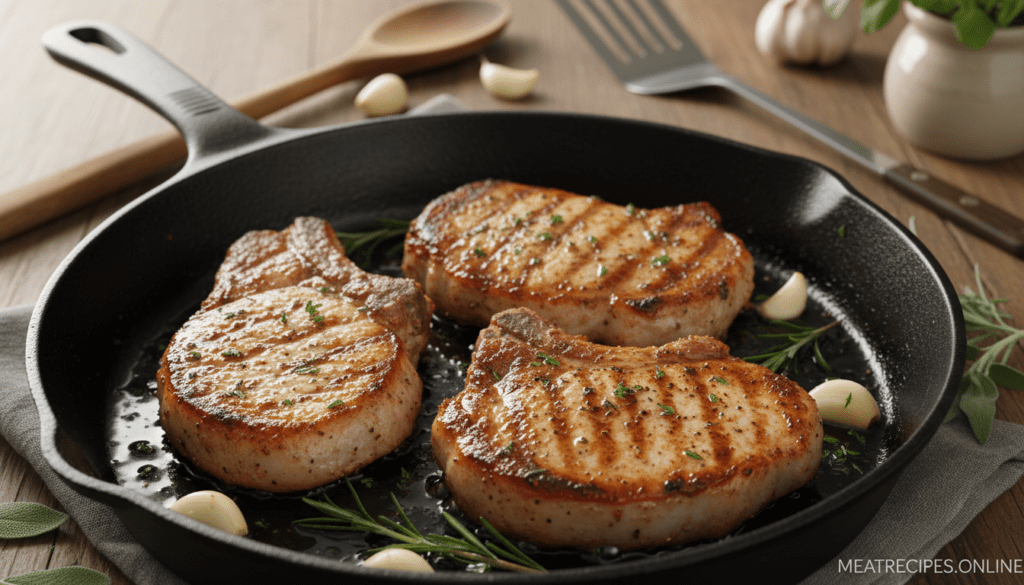 Close-up of perfectly seared boneless pork chops in a well-seasoned skillet, displaying a golden-brown crust with visible grill marks. The foreground features the pork chops sizzling in a hot cast iron skillet, with glistening droplets of oil and herbs surrounding them. In the middle ground, fresh garlic cloves and sprigs of rosemary add color and vibrancy. Soft, warm lighting enhances the inviting atmosphere, casting gentle shadows and highlighting the texture of the meat. The background subtly includes a rustic wooden kitchen countertop, with a few cooking utensils and a hint of greenery, evoking a cozy home cooking feel. The composition captures the essence of mastering the stovetop sear, reflecting both warmth and culinary expertise, branded for meatrecipes.online.
