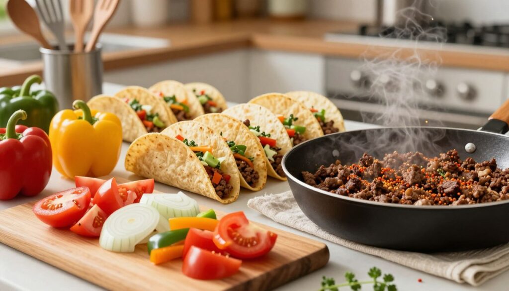 Crafting flavorful homemade tacos, featuring a vibrant scene of a kitchen countertop filled with fresh ingredients. In the foreground, a wooden cutting board displays diced tomatoes, onions, and colorful bell peppers, alongside a steaming pan of seasoned ground beef sizzling with spices. In the middle, a variety of taco shells—crispy and soft—are arranged neatly, ready to be filled. The background boasts a cozy kitchen atmosphere, with soft, warm lighting highlighting the delicious spread. Incorporate kitchen utensils and herb sprigs for added detail. Capture a sense of joy and comfort in the cooking process, imbuing the image with a warm, inviting mood. This visual showcases the essence of crafting homemade tacos, essential for meatrecipes.online.