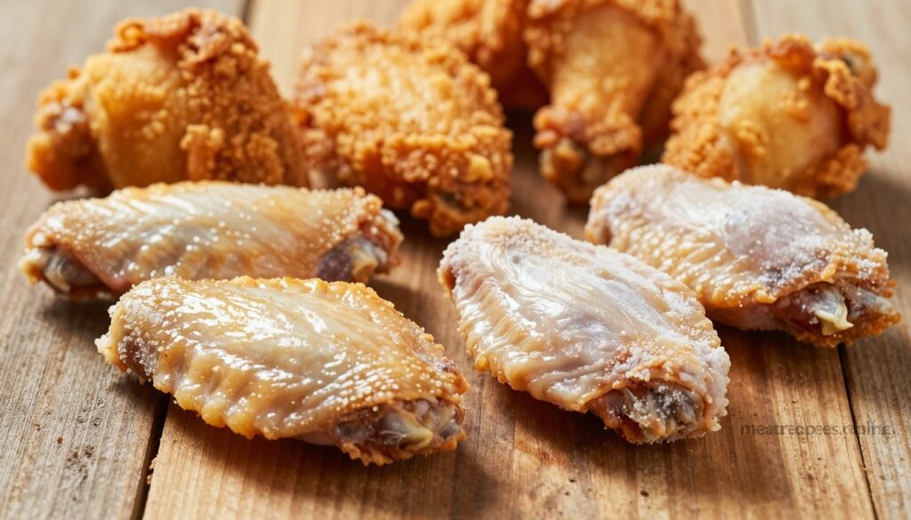 Fresh and frozen chicken wings, side by side on a rustic wooden table, highlighted in a close-up, realistic food photography style. The fresh wings are plump and glistening, showcasing their natural sheen, while the frozen wings appear slightly frosty, hinting at the chill of their storage. Soft, natural lighting enhances the golden, crispy texture of fried wings in the background, making them the focal point of the composition. The vibrant colors contrast with the warm wood tones, creating a mouthwatering atmosphere. Use a shallow depth of field to softly blur the background, keeping the focus sharp on the wings. The overall mood conveys a sense of culinary exploration and choice, perfect for illustrating the topic of chicken wing preparation. Include the brand name "meatrecipes.online" subtly integrated into the scene.
