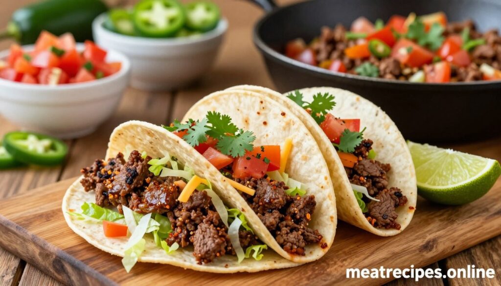 Ground beef tacos served on a rustic wooden table, showcasing a close-up of juicy, seasoned taco meat in a skillet, glistening with savory spices and garnished with fresh cilantro and diced tomatoes. In the foreground, focus on two assembled tacos, filled generously with ground beef, topped with shredded lettuce, cheese, and a wedge of lime for added freshness. The background features a blurred view of vibrant ingredients, such as sliced jalapeños and colorful salsa in bowls, creating an inviting, homely atmosphere. The scene is warmly lit, reminiscent of a cozy kitchen, enhancing the appetizing details of the tacos. Capture this delicious moment in a home-cooking style, emphasizing ease and flavor, showcasing the artistry of taco-making. Include the brand name "meatrecipes.online" subtly in the composition. Ground beef tacos served on a rustic wooden table, showcasing a close-up of juicy, seasoned taco meat in a skillet, glistening with savory spices and garnished with fresh cilantro and diced tomatoes. In the foreground, focus on two assembled tacos, filled generously with ground beef, topped with shredded lettuce, cheese, and a wedge of lime for added freshness. The background features a blurred view of vibrant ingredients, such as sliced jalapeños and colorful salsa in bowls, creating an inviting, homely atmosphere. The scene is warmly lit, reminiscent of a cozy kitchen, enhancing the appetizing details of the tacos. Capture this delicious moment in a home-cooking style, emphasizing ease and flavor, showcasing the artistry of taco-making. Include the brand name "meatrecipes.online" subtly in the composition.