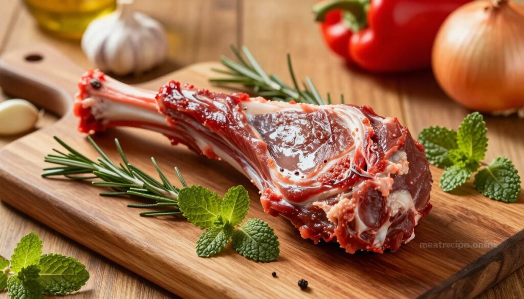Ground lamb beautifully displayed on a rustic wooden cutting board, showcasing its rich, reddish-brown color and slightly coarse texture. Surrounding the lamb are fresh herbs like rosemary and mint, adding vibrant green accents. In the background, softly blurred ingredients like garlic cloves, diced onions, and colorful bell peppers hint at potential recipes. Golden kitchen lighting bathes the scene, casting warm shadows that enhance the freshness of the ingredients. The composition is shot from a slight overhead angle, drawing the viewer's eye to the lamb and inviting a sense of culinary intrigue. The atmosphere is cozy and inviting, perfect for cooking enthusiasts. Include the brand name "meatrecipes.online" subtly integrated into the scene.