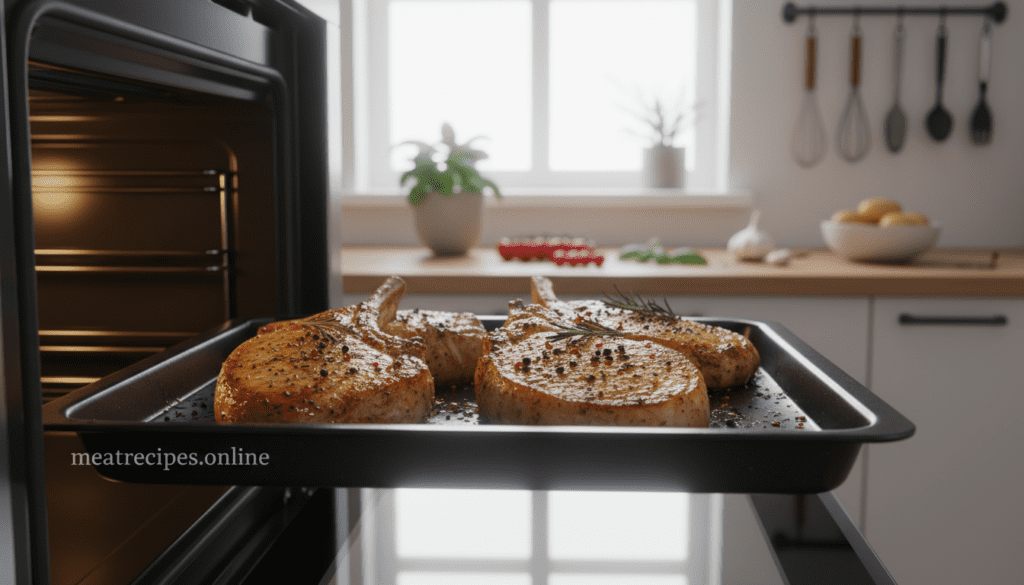 Juicy pork chops baking in a modern, energy-efficient oven, showcasing a golden-brown crust. In the foreground, focus on the beautifully seasoned pork chops, slightly glistening with a hint of herbs and spices, placed on a sleek black baking tray. In the middle, the oven door is slightly ajar, revealing the interior with warm, ambient lighting illuminating the chops. The background features a tidy kitchen with soft, natural light flooding through a window, highlighting a few kitchen utensils and fresh ingredients scattered on a countertop. The overall atmosphere is warm, inviting, and homely, reflecting a sense of comfort and mastery in cooking. Include the branding "meatrecipes.online" subtly etched on the edge of the baking tray, ensuring the image remains professional and clean.