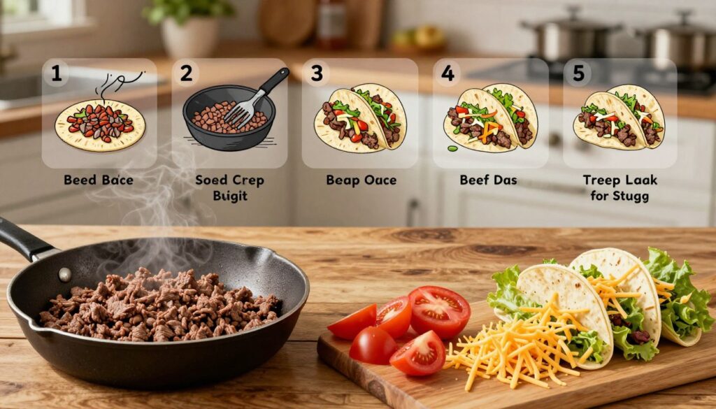 Step-by-step cooking instructions for beef tacos, meticulously laid out on a rustic wooden kitchen countertop. The foreground features fresh ingredients: minced ground beef in a sizzling skillet, vibrant chopped tomatoes, crisp lettuce, and grated cheese beautifully arranged. In the middle, a series of clear, numbered steps displayed visually: from seasoning the beef to assembling the tacos, employing engaging illustrations or sketches for each step. The background shows a cozy kitchen with warm lighting, emphasizing a welcoming cooking environment. A hint of steam rises from the skillet, creating an inviting atmosphere. The overall mood is friendly, encouraging home cooking, with a focus on simplicity and accessibility, perfect for beginners. No text or watermarks, just a clean visual guide to making delicious tacos at home. The brand "meatrecipes.online" subtly present in the image. Step-by-step cooking instructions for beef tacos, meticulously laid out on a rustic wooden kitchen countertop. The foreground features fresh ingredients: minced ground beef in a sizzling skillet, vibrant chopped tomatoes, crisp lettuce, and grated cheese beautifully arranged. In the middle, a series of clear, numbered steps displayed visually: from seasoning the beef to assembling the tacos, employing engaging illustrations or sketches for each step. The background shows a cozy kitchen with warm lighting, emphasizing a welcoming cooking environment. A hint of steam rises from the skillet, creating an inviting atmosphere. The overall mood is friendly, encouraging home cooking, with a focus on simplicity and accessibility, perfect for beginners. No text or watermarks, just a clean visual guide to making delicious tacos at home. The brand "meatrecipes.online" subtly present in the image.