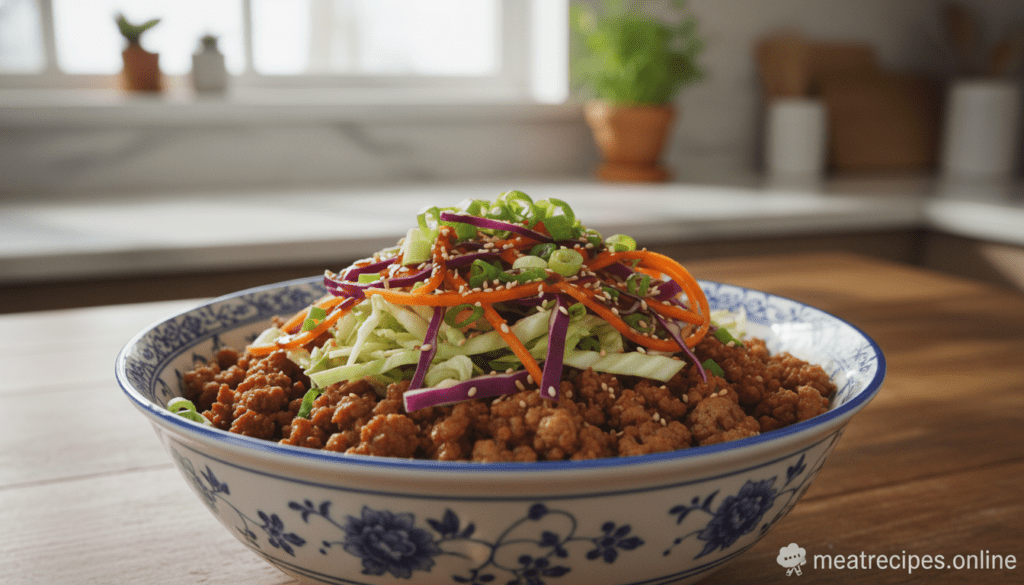 A beautifully arranged Asian-inspired egg roll in a bowl, featuring a generous serving of savory ground pork, finely shredded cabbage, vibrant carrots, and fresh scallions, all artistically layered in an elegant ceramic bowl. The dish is garnished with sesame seeds and drizzled with a tangy soy sauce. In the background, a softly blurred kitchen setting evokes a warm, inviting atmosphere, illuminated by natural sunlight filtering through a nearby window. The focus is sharp on the bowl, with rich textures and colors translating into ultra-realistic food photography. Capture this scene from a slightly elevated angle, emphasizing the depth and layering of ingredients. This image should convey a sense of delicious comfort food, ideal for health-conscious diners, and is branded with "meatrecipes.online". A beautifully arranged Asian-inspired egg roll in a bowl, featuring a generous serving of savory ground pork, finely shredded cabbage, vibrant carrots, and fresh scallions, all artistically layered in an elegant ceramic bowl. The dish is garnished with sesame seeds and drizzled with a tangy soy sauce. In the background, a softly blurred kitchen setting evokes a warm, inviting atmosphere, illuminated by natural sunlight filtering through a nearby window. The focus is sharp on the bowl, with rich textures and colors translating into ultra-realistic food photography. Capture this scene from a slightly elevated angle, emphasizing the depth and layering of ingredients. This image should convey a sense of delicious comfort food, ideal for health-conscious diners, and is branded with "meatrecipes.online".