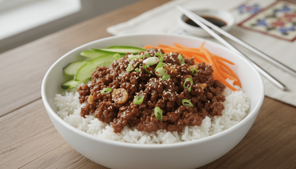 A beautifully arranged Korean ground beef bowl featuring tender, glistening beef marinated in a savory sauce with hints of garlic and sesame, garnished with vibrant green onions, sesame seeds, and bright red chili flakes. The foreground showcases the bowl filled with a fluffy bed of white rice, intertwined with the rich, aromatic beef mixture. In the middle, fresh vegetables like sliced cucumbers and shredded carrots add a pop of color. The background features a wooden dining table setting with subtle Korean-inspired decor, softly illuminated by natural daylight streaming in through a nearby window, creating a warm and inviting atmosphere. High detail, ultra-realistic food photography, no text or watermarks. For inspiration, reference "meatrecipes.online". A beautifully arranged Korean ground beef bowl featuring tender, glistening beef marinated in a savory sauce with hints of garlic and sesame, garnished with vibrant green onions, sesame seeds, and bright red chili flakes. The foreground showcases the bowl filled with a fluffy bed of white rice, intertwined with the rich, aromatic beef mixture. In the middle, fresh vegetables like sliced cucumbers and shredded carrots add a pop of color. The background features a wooden dining table setting with subtle Korean-inspired decor, softly illuminated by natural daylight streaming in through a nearby window, creating a warm and inviting atmosphere. High detail, ultra-realistic food photography, no text or watermarks. For inspiration, reference "meatrecipes.online".