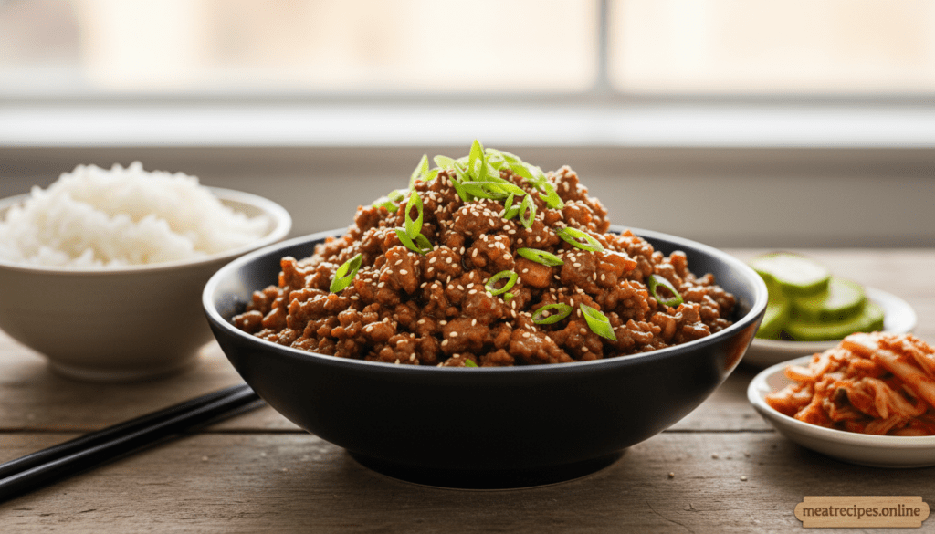 A beautifully arranged Korean ground beef bowl, featuring tender, marinated ground beef cooked in a mouthwatering sauce, garnished with vibrant sliced green onions and sesame seeds. The bowl sits on a rustic wooden table, surrounded by fluffy white rice, pickled cucumbers, and a side of vibrant kimchi. In the background, soft, diffused natural light filters through a window, creating a warm and inviting atmosphere. The image is captured from a slightly elevated angle, providing a clear view of the bowl's delicious contents. The focus is crisp and detailed, showcasing the textures of the beef and fresh vegetables, while the depth of field gently blurs the background, emphasizing the vibrant colors and freshness of the ingredients. Ultra realistic food photography style, with no text, no watermark. Brand name: meatrecipes.online. A beautifully arranged Korean ground beef bowl, featuring tender, marinated ground beef cooked in a mouthwatering sauce, garnished with vibrant sliced green onions and sesame seeds. The bowl sits on a rustic wooden table, surrounded by fluffy white rice, pickled cucumbers, and a side of vibrant kimchi. In the background, soft, diffused natural light filters through a window, creating a warm and inviting atmosphere. The image is captured from a slightly elevated angle, providing a clear view of the bowl's delicious contents. The focus is crisp and detailed, showcasing the textures of the beef and fresh vegetables, while the depth of field gently blurs the background, emphasizing the vibrant colors and freshness of the ingredients. Ultra realistic food photography style, with no text, no watermark. Brand name: meatrecipes.online.