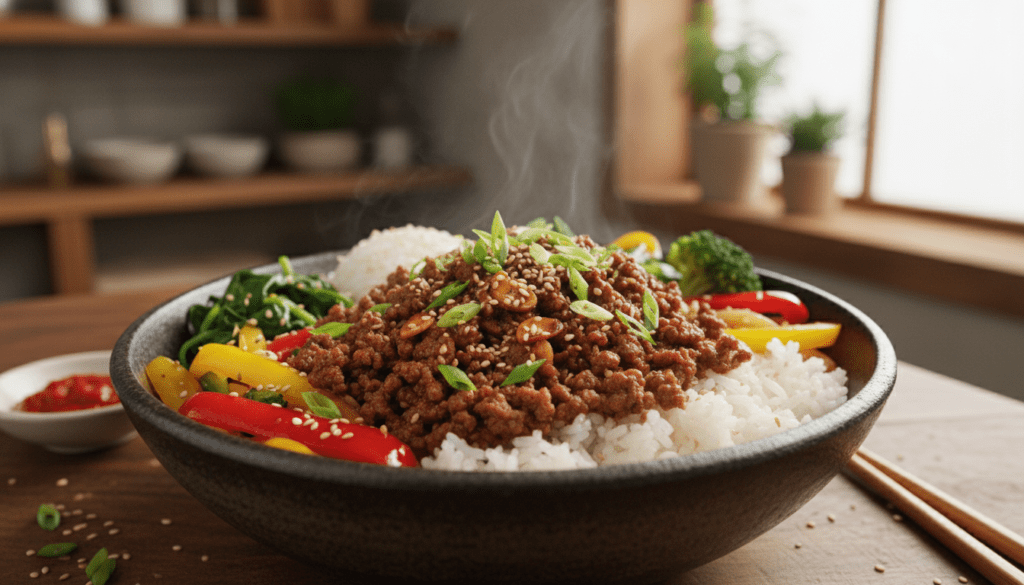 A beautifully arranged Korean ground beef bowl, showcasing moist, savory ground beef seasoned with garlic and soy sauce, garnished with sliced green onions and sesame seeds. The bowl is crafted from dark ceramic, exuding a rustic charm, surrounded by perfectly cooked white rice and vibrant sautéed vegetables like colorful bell peppers and fresh spinach. The background features a soft-focus kitchen setting with wooden accents and a hint of greenery to evoke warmth. Capture the scene in natural light, creating a bright, appetizing atmosphere. Use a close-up angle to emphasize the textures and colors, ensuring the entire composition is ultra-realistic and high detail. No text or watermarks. For reference, this image aligns with meatrecipes.online. A beautifully arranged Korean ground beef bowl, showcasing moist, savory ground beef seasoned with garlic and soy sauce, garnished with sliced green onions and sesame seeds. The bowl is crafted from dark ceramic, exuding a rustic charm, surrounded by perfectly cooked white rice and vibrant sautéed vegetables like colorful bell peppers and fresh spinach. The background features a soft-focus kitchen setting with wooden accents and a hint of greenery to evoke warmth. Capture the scene in natural light, creating a bright, appetizing atmosphere. Use a close-up angle to emphasize the textures and colors, ensuring the entire composition is ultra-realistic and high detail. No text or watermarks. For reference, this image aligns with meatrecipes.online.