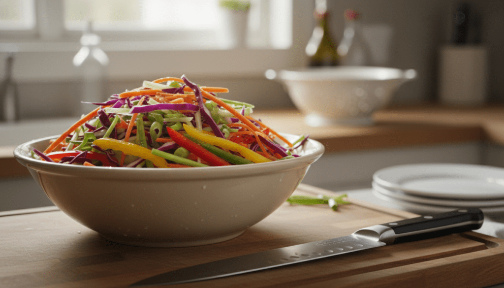 A beautifully arranged bowl filled with an assortment of fresh, vibrant vegetables ideal for egg rolls, including finely shredded cabbage, carrots, bell peppers, and green onions. The foreground showcases the glossy, colorful veggies, with droplets of water on their surfaces to emphasize freshness. In the middle, there’s an elegant wooden cutting board with a sharp knife, hinting at the preparation process. The background features a softly blurred kitchen setting with natural light streaming in through a window, creating a warm and inviting atmosphere. The composition captures the essence of healthy cooking, focusing on high detail and ultra-realistic food photography. The image should showcase the freshness and appeal of the ingredients, making the viewer feel inspired to prepare the dish. No text, watermarks, or logos included, capturing the essence of “meatrecipes.online”. A beautifully arranged bowl filled with an assortment of fresh, vibrant vegetables ideal for egg rolls, including finely shredded cabbage, carrots, bell peppers, and green onions. The foreground showcases the glossy, colorful veggies, with droplets of water on their surfaces to emphasize freshness. In the middle, there’s an elegant wooden cutting board with a sharp knife, hinting at the preparation process. The background features a softly blurred kitchen setting with natural light streaming in through a window, creating a warm and inviting atmosphere. The composition captures the essence of healthy cooking, focusing on high detail and ultra-realistic food photography. The image should showcase the freshness and appeal of the ingredients, making the viewer feel inspired to prepare the dish. No text, watermarks, or logos included, capturing the essence of “meatrecipes.online”.