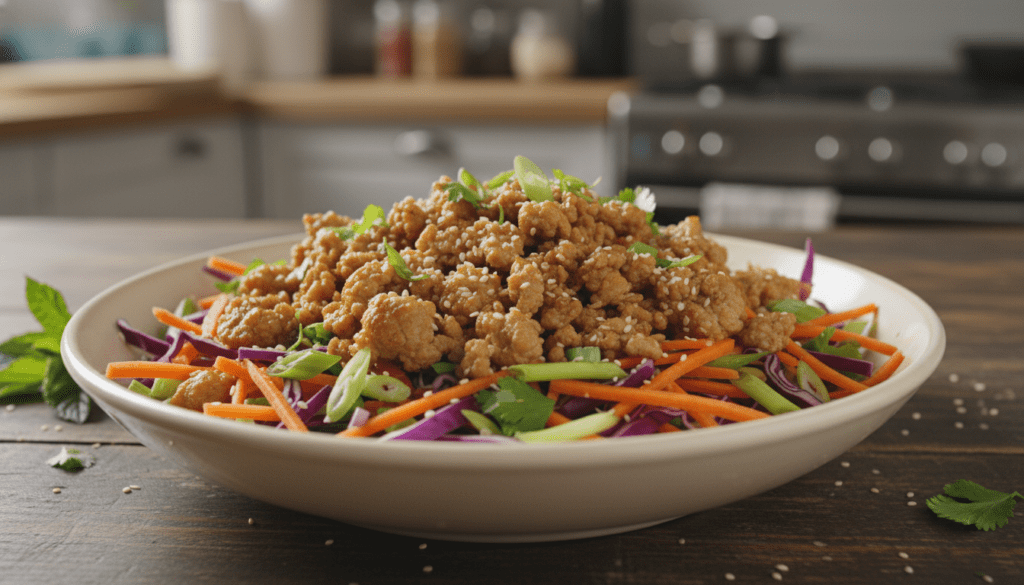 A beautifully arranged bowl of ground pork egg roll ingredients, showcasing the colorful vegetables like shredded carrots, cabbage, and green onions, all vibrant and fresh. The ground pork is cooked to a golden brown, garnished with sesame seeds, and hints of green herbs. The bowl is placed on a rustic wooden table that adds warmth to the scene. Soft, natural lighting highlights the textures of the ingredients, creating a mouth-watering glow. A blurred kitchen background subtly hints at a home cooking environment, enhancing the inviting atmosphere. The image should feel appetizing and lively, perfect for illustrating the concept of a low-carb, high-protein dish. Ultra-realistic food photography style with high detail. No text or branding in the image, but denote the style inspired by "meatrecipes.online." A beautifully arranged bowl of ground pork egg roll ingredients, showcasing the colorful vegetables like shredded carrots, cabbage, and green onions, all vibrant and fresh. The ground pork is cooked to a golden brown, garnished with sesame seeds, and hints of green herbs. The bowl is placed on a rustic wooden table that adds warmth to the scene. Soft, natural lighting highlights the textures of the ingredients, creating a mouth-watering glow. A blurred kitchen background subtly hints at a home cooking environment, enhancing the inviting atmosphere. The image should feel appetizing and lively, perfect for illustrating the concept of a low-carb, high-protein dish. Ultra-realistic food photography style with high detail. No text or branding in the image, but denote the style inspired by "meatrecipes.online."