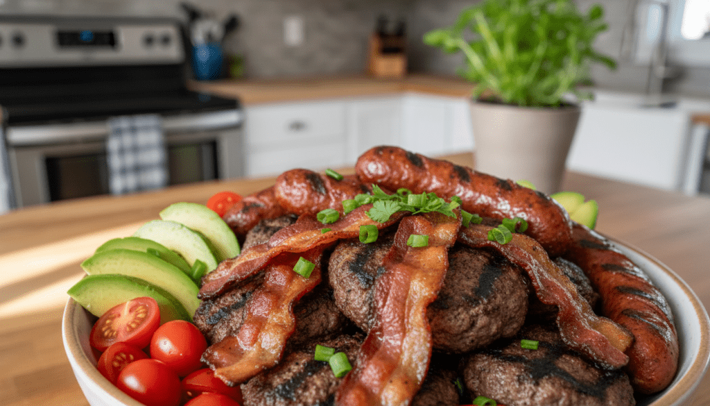 A beautifully arranged carnivore burger bowl featuring a generous serving of grilled beef patties, crispy bacon, and slices of grilled sausage, all visually vibrant and appealing. Surround the meat with fresh, colorful garnishes like cherry tomatoes, avocado slices, and a sprinkle of green onion or parsley for contrast. In the background, softly blurred kitchen elements create a warm, inviting home-cooking atmosphere. Utilize natural lighting that enhances the rich colors of the meat and vegetables, making them look succulent and appetizing. Capture the image from a slightly elevated angle to showcase the bowl's contents effectively. The overall mood should convey a hearty, wholesome meal perfect for protein enthusiasts, emulating the high-quality photography typically found on meatrecipes.online. A beautifully arranged carnivore burger bowl featuring a generous serving of grilled beef patties, crispy bacon, and slices of grilled sausage, all visually vibrant and appealing. Surround the meat with fresh, colorful garnishes like cherry tomatoes, avocado slices, and a sprinkle of green onion or parsley for contrast. In the background, softly blurred kitchen elements create a warm, inviting home-cooking atmosphere. Utilize natural lighting that enhances the rich colors of the meat and vegetables, making them look succulent and appetizing. Capture the image from a slightly elevated angle to showcase the bowl's contents effectively. The overall mood should convey a hearty, wholesome meal perfect for protein enthusiasts, emulating the high-quality photography typically found on meatrecipes.online.