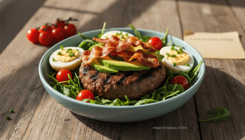 A beautifully arranged carnivore burger bowl, showcasing a perfectly grilled beef patty, sliced avocado, and crispy bacon nestled atop a bed of fresh arugula. Surrounding the bowl are colorful elements such as cherry tomatoes and deviled eggs for contrast. The setting is a rustic wooden table, with natural lighting pouring in from a nearby window, creating soft shadows and highlighting the textures of the ingredients. The focus is sharp on the burger bowl, captured with a 50mm lens at eye level for an intimate, inviting feel. The atmosphere is warm and appetizing, reflecting a high-protein meal's healthful essence. It's a mouthwatering display of wholesome ingredients that embodies the carnivore diet, perfect for meatrecipies.online. A beautifully arranged carnivore burger bowl, showcasing a perfectly grilled beef patty, sliced avocado, and crispy bacon nestled atop a bed of fresh arugula. Surrounding the bowl are colorful elements such as cherry tomatoes and deviled eggs for contrast. The setting is a rustic wooden table, with natural lighting pouring in from a nearby window, creating soft shadows and highlighting the textures of the ingredients. The focus is sharp on the burger bowl, captured with a 50mm lens at eye level for an intimate, inviting feel. The atmosphere is warm and appetizing, reflecting a high-protein meal's healthful essence. It's a mouthwatering display of wholesome ingredients that embodies the carnivore diet, perfect for meatrecipies.online.