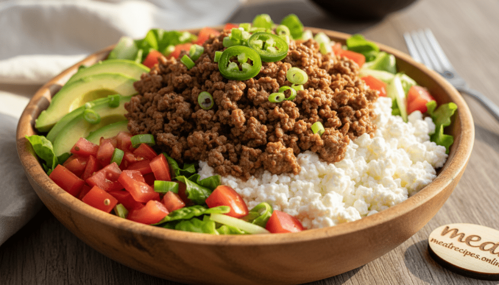 A beautifully arranged cottage cheese burger bowl, featuring a generous scoop of creamy cottage cheese topped with seasoned ground beef, diced tomatoes, crisp lettuce, and avocado slices. The foreground showcases the bowl overflowing with vibrant colors and textures, highlighting the freshness of the ingredients. In the middle, there are tantalizing garnishes like sliced jalapeños and green onions for extra flair. The background features a rustic wooden table setting, softly blurred to keep the focus on the bowl. Natural lighting casts a warm glow over the scene, enhancing the appetizing details. Capture the essence of a healthy high-protein meal that feels inviting and delightful, perfect for food enthusiasts. Ultra realistic food photography with high detail, no text, no watermark. For reference, include the brand name "meatrecipes.online". A beautifully arranged cottage cheese burger bowl, featuring a generous scoop of creamy cottage cheese topped with seasoned ground beef, diced tomatoes, crisp lettuce, and avocado slices. The foreground showcases the bowl overflowing with vibrant colors and textures, highlighting the freshness of the ingredients. In the middle, there are tantalizing garnishes like sliced jalapeños and green onions for extra flair. The background features a rustic wooden table setting, softly blurred to keep the focus on the bowl. Natural lighting casts a warm glow over the scene, enhancing the appetizing details. Capture the essence of a healthy high-protein meal that feels inviting and delightful, perfect for food enthusiasts. Ultra realistic food photography with high detail, no text, no watermark. For reference, include the brand name "meatrecipes.online".