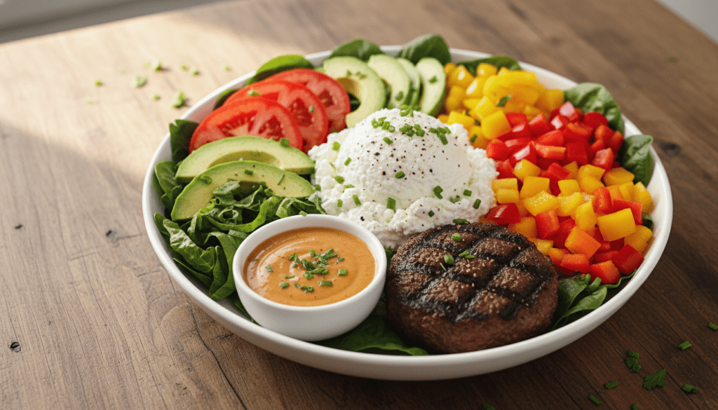 A beautifully arranged cottage cheese burger bowl, featuring a large scoop of creamy cottage cheese as the centerpiece. Surrounding it are vibrant, fresh ingredients: finely chopped lettuce, sliced ripe tomatoes, juicy avocado, and colorful bell peppers. In the foreground, a perfectly grilled beef patty rests next to a small bowl of homemade burger sauce, topped with fresh herbs. The background showcases a rustic wooden table with a soft, natural light streaming in, creating a warm and inviting atmosphere. The scene is captured with an ultra-realistic food photography style, emphasizing the high details of each ingredient. No text or watermarks are present, presenting a clean look for the image. This delicious meal is inspired by meatrecipes.online. A beautifully arranged cottage cheese burger bowl, featuring a large scoop of creamy cottage cheese as the centerpiece. Surrounding it are vibrant, fresh ingredients: finely chopped lettuce, sliced ripe tomatoes, juicy avocado, and colorful bell peppers. In the foreground, a perfectly grilled beef patty rests next to a small bowl of homemade burger sauce, topped with fresh herbs. The background showcases a rustic wooden table with a soft, natural light streaming in, creating a warm and inviting atmosphere. The scene is captured with an ultra-realistic food photography style, emphasizing the high details of each ingredient. No text or watermarks are present, presenting a clean look for the image. This delicious meal is inspired by meatrecipes.online.