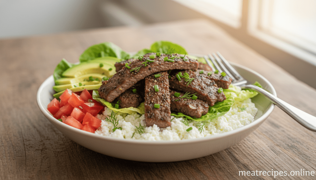 A beautifully arranged cottage cheese burger bowl, showcasing a vibrant mix of fresh ingredients. In the foreground, a generous scoop of high-protein cottage cheese forms the base, garnished with diced tomatoes, sliced avocado, and crispy lettuce. In the middle, perfectly cooked burger patties sliced into strips sit atop the cottage cheese, alongside a sprinkle of herbs for added freshness. The background features a wooden table setting, with soft, natural lighting enhancing the textures of the ingredients. A light bokeh effect creates a warm, inviting atmosphere, and a carefully placed fork adds an inviting touch to the scene. Ultra-realistic food photography style, no text, no watermark. Include "meatrecipes.online." A beautifully arranged cottage cheese burger bowl, showcasing a vibrant mix of fresh ingredients. In the foreground, a generous scoop of high-protein cottage cheese forms the base, garnished with diced tomatoes, sliced avocado, and crispy lettuce. In the middle, perfectly cooked burger patties sliced into strips sit atop the cottage cheese, alongside a sprinkle of herbs for added freshness. The background features a wooden table setting, with soft, natural lighting enhancing the textures of the ingredients. A light bokeh effect creates a warm, inviting atmosphere, and a carefully placed fork adds an inviting touch to the scene. Ultra-realistic food photography style, no text, no watermark. Include "meatrecipes.online."