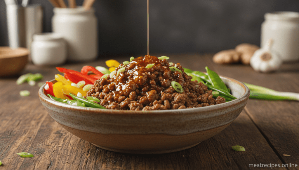 A beautifully arranged customize hot honey beef bowl featuring succulent ground beef drizzled with spicy honey, surrounded by vibrant slices of bell peppers, snow peas, and fresh green onions. The bowl is made of rustic ceramic, showcasing a colorful, appetizing layout. In the foreground, the focus is on the rich textures of the beef and the glistening honey sauce. In the middle, the bowl is placed on a wooden table, with a slight angle to capture the depth of the ingredients. Soft, natural lighting illuminates the scene, highlighting the freshness and colors of the vegetables. The background is softly blurred, featuring hints of kitchen utensils and ingredients, creating a warm, inviting atmosphere. Perfect for illustrating the customization of this high-protein meal prep. Photograph should be ultra-realistic, showcasing high detail with no text or watermarks. meatrecipes.online A beautifully arranged customize hot honey beef bowl featuring succulent ground beef drizzled with spicy honey, surrounded by vibrant slices of bell peppers, snow peas, and fresh green onions. The bowl is made of rustic ceramic, showcasing a colorful, appetizing layout. In the foreground, the focus is on the rich textures of the beef and the glistening honey sauce. In the middle, the bowl is placed on a wooden table, with a slight angle to capture the depth of the ingredients. Soft, natural lighting illuminates the scene, highlighting the freshness and colors of the vegetables. The background is softly blurred, featuring hints of kitchen utensils and ingredients, creating a warm, inviting atmosphere. Perfect for illustrating the customization of this high-protein meal prep. Photograph should be ultra-realistic, showcasing high detail with no text or watermarks. meatrecipes.online