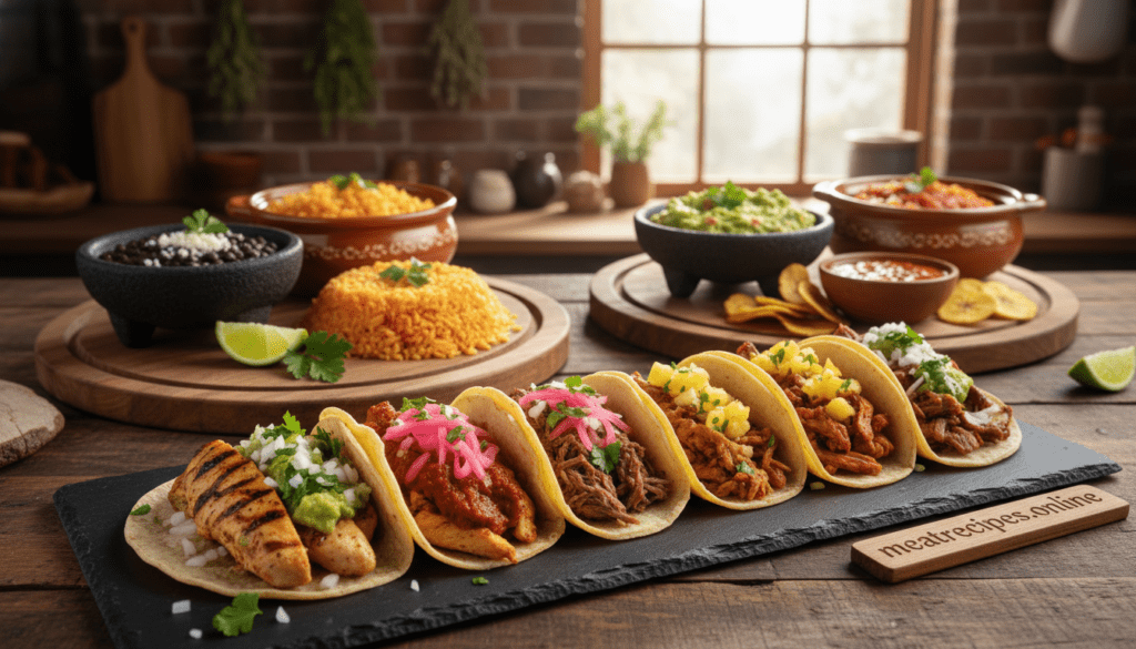 A beautifully arranged display of regional taco flavors, showcasing a variety of taco meat preparations. In the foreground, a selection of tacos filled with high-protein meats like spiced chicken, seasoned beef, and flavorful pork, topped with vibrant fresh ingredients such as cilantro, diced onions, and colorful salsas. In the middle, wooden serving platters filled with side dishes of beans and rice, garnished with lime wedges. The background features a rustic kitchen setting with soft, natural lighting illuminating the freshness of the ingredients. The scene captures a warm, inviting atmosphere, emphasizing health-conscious meal prep. The composition underscores the idea of variety in taco meat options for easy healthy dinners. Ultra realistic food photography quality, no text, no watermark, showcasing the brand name "meatrecipes.online". A beautifully arranged display of regional taco flavors, showcasing a variety of taco meat preparations. In the foreground, a selection of tacos filled with high-protein meats like spiced chicken, seasoned beef, and flavorful pork, topped with vibrant fresh ingredients such as cilantro, diced onions, and colorful salsas. In the middle, wooden serving platters filled with side dishes of beans and rice, garnished with lime wedges. The background features a rustic kitchen setting with soft, natural lighting illuminating the freshness of the ingredients. The scene captures a warm, inviting atmosphere, emphasizing health-conscious meal prep. The composition underscores the idea of variety in taco meat options for easy healthy dinners. Ultra realistic food photography quality, no text, no watermark, showcasing the brand name "meatrecipes.online".