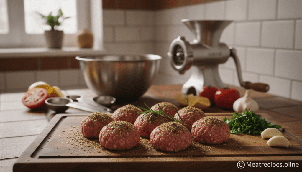 A beautifully arranged kitchen countertop showcasing easy ground lamb meatball recipes. In the foreground, a wooden cutting board displays freshly mixed ground lamb meatballs, seasoned with herbs and spices, glistening with olive oil. Beside it, bright green parsley and garlic cloves add color and freshness. In the middle, blurred kitchen utensils like a mixing bowl, measuring spoons, and a meat grinder give context to the preparation process. The background features a warm, inviting kitchen setting with soft, natural lighting, highlighting the rustic charm. A few Mediterranean ingredients—ripe tomatoes and lemon slices—are artfully scattered around, enhancing the atmosphere. This composition reflects a vibrant, homely ambiance perfect for encouraging cooking. Caption-free, the image aligns with the theme of "Kitchen equipment and prep tips for best results" by Meatrecipes.online.
