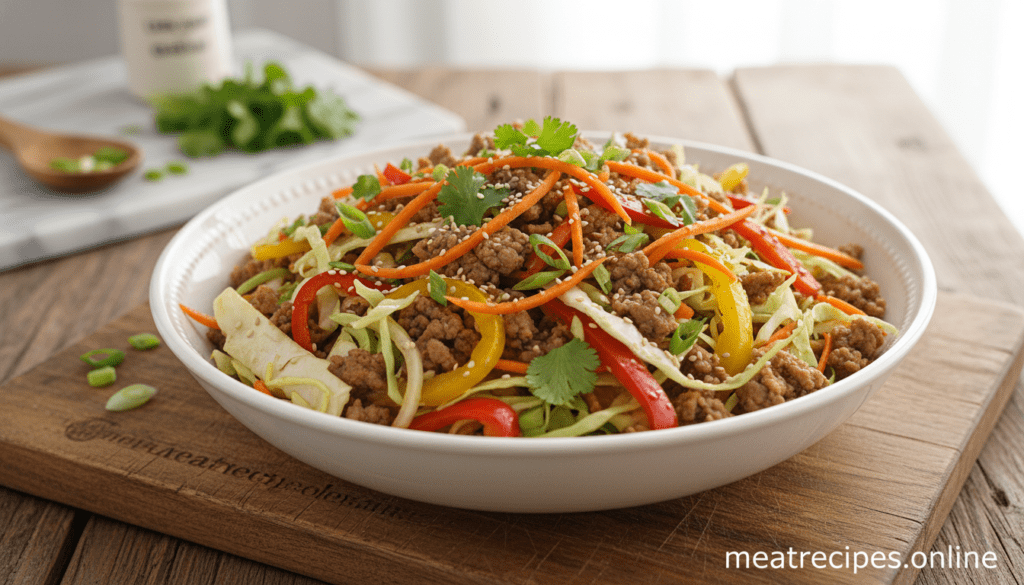 A beautifully arranged low carb egg roll in a bowl, featuring finely sliced and vibrant vegetables like green cabbage, carrots, and bell peppers stirred with seasoned ground pork. The foreground showcases the richly colored ingredients glistening with a light sheen from natural oils. The bowl sits atop a rustic wooden table, enhancing the earthy feel. In the background, soft-focus kitchen elements, such as fresh herbs and cooking utensils, create a warm, inviting atmosphere. The image is bathed in gentle, natural lighting to highlight the fresh textures and vibrant colors of the dish. The overall mood is wholesome and appetizing, capturing the essence of a healthy meal. Ultra-realistic food photography style, high detail, no text or watermarks, featuring the brand name "meatrecipes.online". A beautifully arranged low carb egg roll in a bowl, featuring finely sliced and vibrant vegetables like green cabbage, carrots, and bell peppers stirred with seasoned ground pork. The foreground showcases the richly colored ingredients glistening with a light sheen from natural oils. The bowl sits atop a rustic wooden table, enhancing the earthy feel. In the background, soft-focus kitchen elements, such as fresh herbs and cooking utensils, create a warm, inviting atmosphere. The image is bathed in gentle, natural lighting to highlight the fresh textures and vibrant colors of the dish. The overall mood is wholesome and appetizing, capturing the essence of a healthy meal. Ultra-realistic food photography style, high detail, no text or watermarks, featuring the brand name "meatrecipes.online".