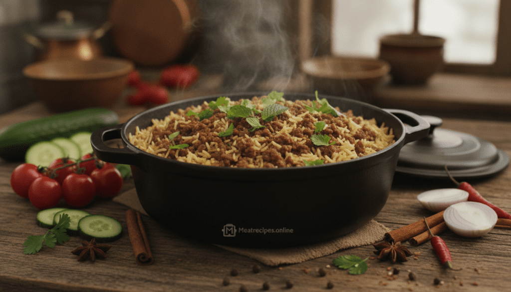 A beautifully arranged one pot dish featuring ground lamb and rice, steaming and garnished with fresh herbs like parsley and mint. In the foreground, a rustic wooden table showcases the vibrant colors of the meal, with the tender lamb and perfectly cooked rice mixed together. The middle ground includes a cozy kitchen setting with soft, warm lighting highlighting the dish, creating an inviting atmosphere. A pot with a lid partially open reveals the delicious contents. The background features blurred kitchen utensils and natural elements such as fresh vegetables and spices, enhancing the culinary theme. The overall mood is cheerful and homey, suggesting a quick and easy weeknight dinner. Capture this scene in high quality with a shallow depth of field, evoking warmth and comfort. Meatrecipes.online. A beautifully arranged one pot dish featuring ground lamb and rice, steaming and garnished with fresh herbs like parsley and mint. In the foreground, a rustic wooden table showcases the vibrant colors of the meal, with the tender lamb and perfectly cooked rice mixed together. The middle ground includes a cozy kitchen setting with soft, warm lighting highlighting the dish, creating an inviting atmosphere. A pot with a lid partially open reveals the delicious contents. The background features blurred kitchen utensils and natural elements such as fresh vegetables and spices, enhancing the culinary theme. The overall mood is cheerful and homey, suggesting a quick and easy weeknight dinner. Capture this scene in high quality with a shallow depth of field, evoking warmth and comfort. Meatrecipes.online.